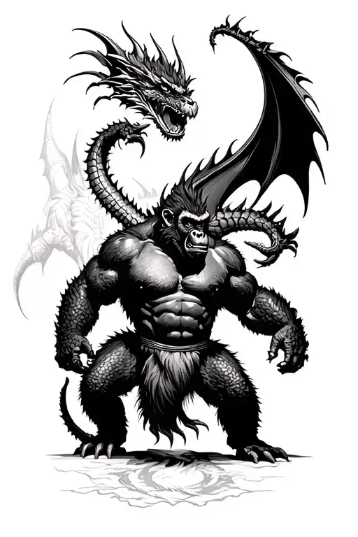 gorilla warrior battling a dragon tattoo design idea