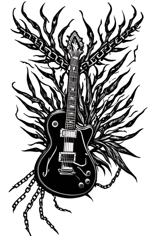 Fire bush, yeshua, guitar and broken chains tattoo design idea