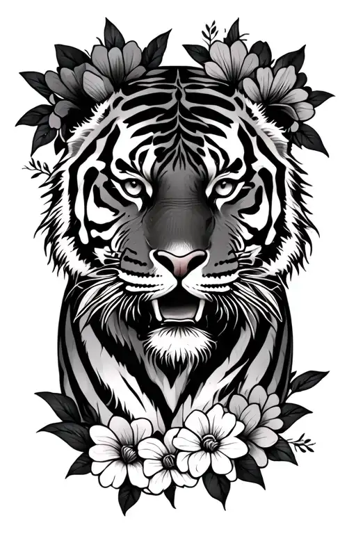 tiger with flowers surrounding tattoo design idea