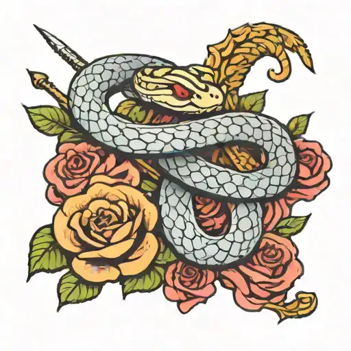 snake wrapped around a sword with roses  tattoo design idea