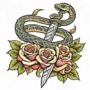 snake wrapped around a sword with roses  tattoo design idea