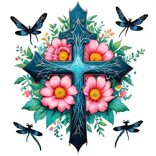 Cross Surrounded By Flowers & Dragonflies Following Eachother Tattoo tattoo design idea