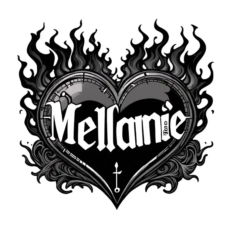 "Mélanie" clock heart in flame tattoo design idea