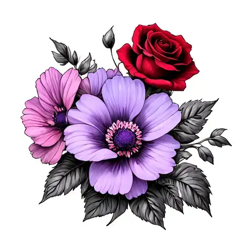 purple violets, light pink cosmos and red roses  tattoo design idea