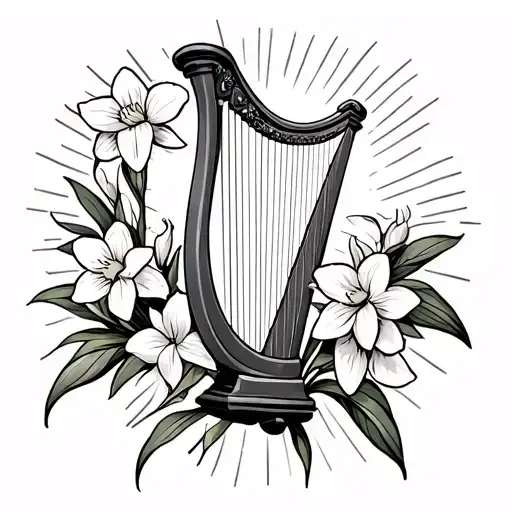 Harp with daffodil flowers and ray of sunshine tattoo design idea