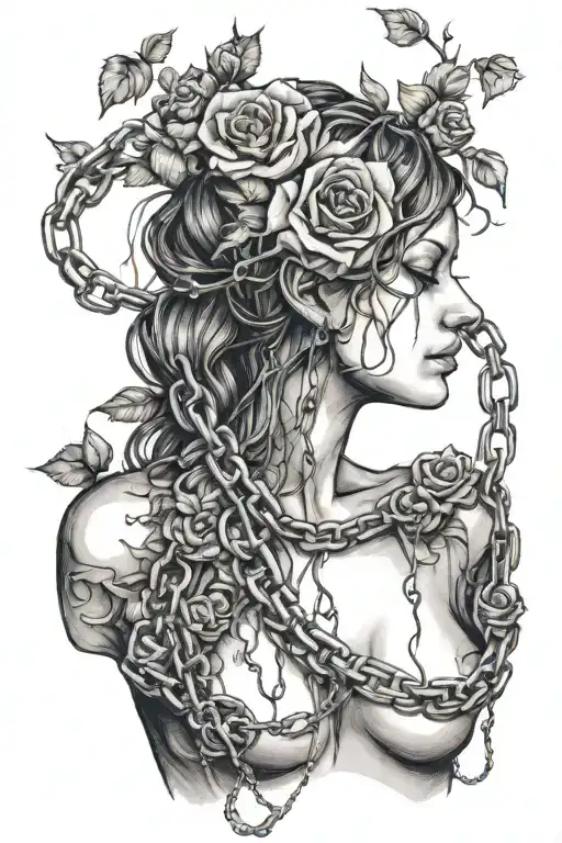 Silhouette of a girl naked anatomically correct breasts, roots growing out of chains, roses tattoo design idea