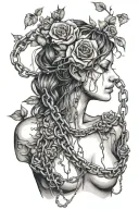 Silhouette of a girl naked anatomically correct breasts, roots growing out of chains, roses tattoo design idea