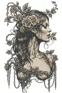 Silhouette of a girl naked anatomically correct breasts, roots growing out of chains, roses tattoo design idea