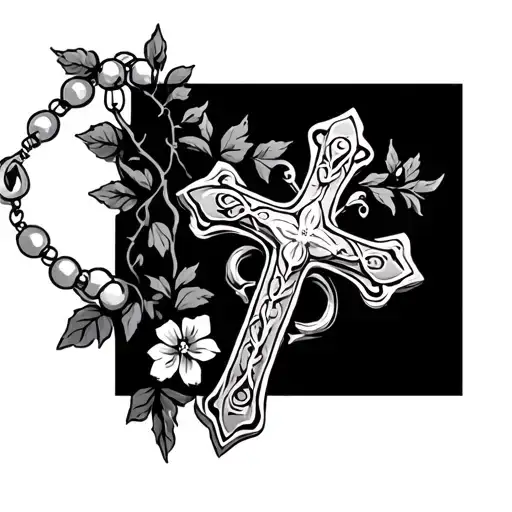 cross and rosary beads with a vine and some flowers tattoo design idea