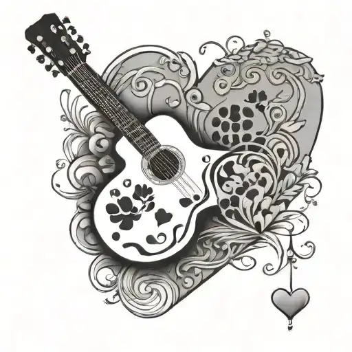 A guitar with paw prints leading to a heart  tattoo design idea