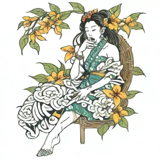 The Japanese lilies flora wrap around from front to back with the lady standing in them eating a mango , locs flowing  tattoo design idea