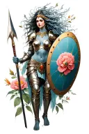 goddess juno, hair covering most of her face, in battle armour holding spear and shield. with surreal size flowers tattoo design idea