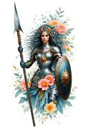 goddess juno, hair covering most of her face, in battle armour holding spear and shield. with surreal size flowers tattoo design idea