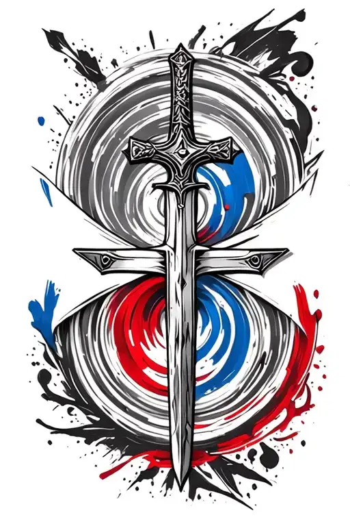sword ; back ground christian cross aura ; enso circle with france flag colors ; balance tattoo design idea