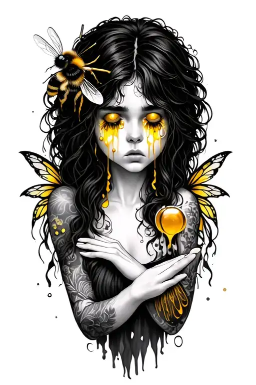sad tattooed forest fairy with hair crying yellow honey tears reaching out to a bumble bee tattoo design idea