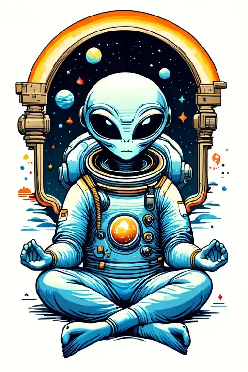 Meditating Alien sitting alongside astronaut floating in space tattoo design idea