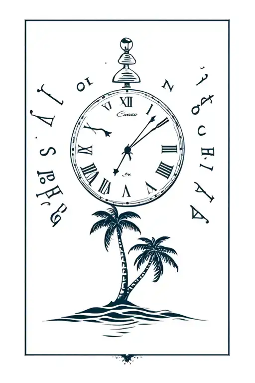 sleeve tattoo with curacao but the land crossing between and clock at time 10:55 with palm tree at the bottom and ocean tattoo design idea