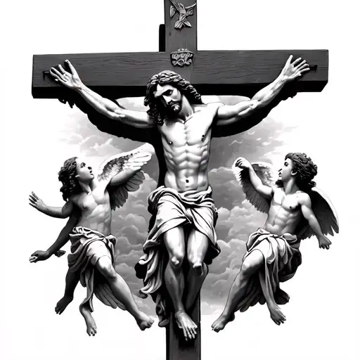 jesus on the cross with two angels coming to get hiim tattoo design idea