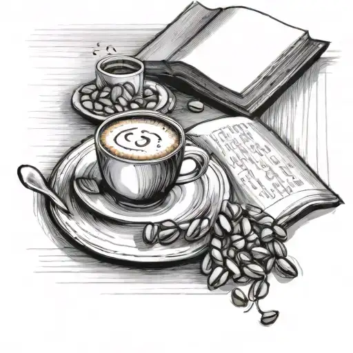 table with a cup of coffee, a journal , a plate with a toast and bowl of pistachios tattoo design idea