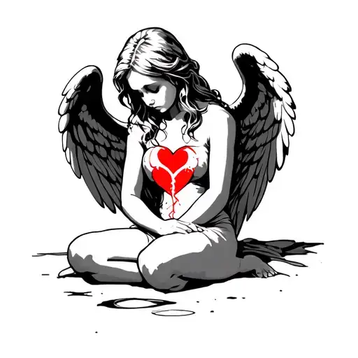 Broken hearted angel sitting sad tattoo design idea