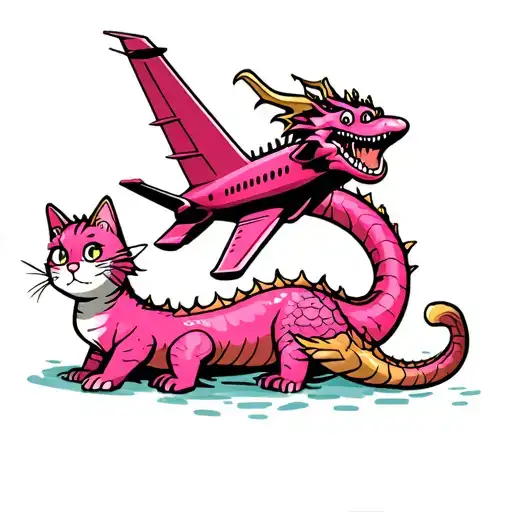 A cat with a fish tail swims next to a dragon with a tail of their gold. A pink private jet is flying above them tattoo design idea