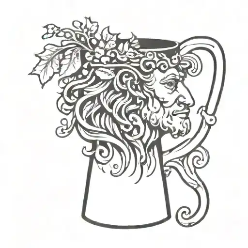 dionysus drinking out of a beer mug overflowing tattoo design idea