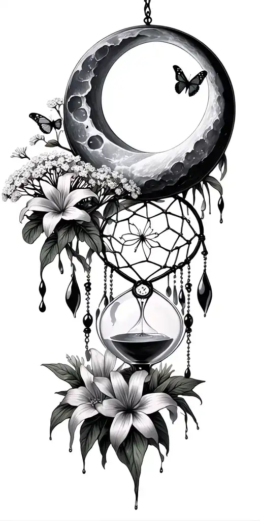 An hourglass moon dream catcher filled with lilies and butterflies Queen Anne's lace  nature tears broken depressed tattoo design idea