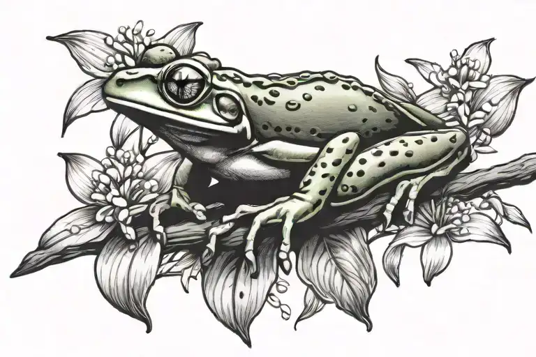 tree frog on a branch with lily of the valley flowers tattoo design idea