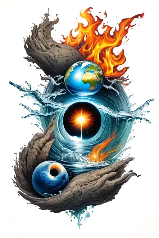 A unique design combining the four elements (earth, water, fire, air) into a cohesive and balanced composition tattoo design idea