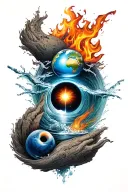 A unique design combining the four elements (earth, water, fire, air) into a cohesive and balanced composition tattoo design idea