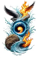 A unique design combining the four elements (earth, water, fire, air) into a cohesive and balanced composition tattoo design idea