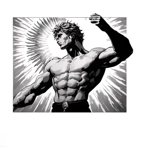 escanor in the one form holding the sun above his head from his abilty. the sun goes on my knee and escanor on the shin. tattoo design idea