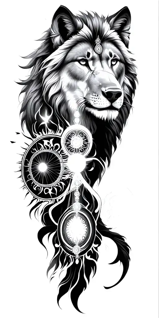 Generate a full sleeve tattoo which contains bike ride, lion, wolf, nature, spiritual, lord shiva, 7 chakras, sun, moon, tattoo design idea