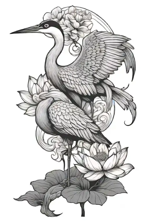 crane bird and lotus flower tattoo design idea