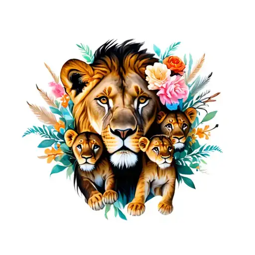 a lioness with flowers and feathers, with 3 lion cubs playing tattoo design idea