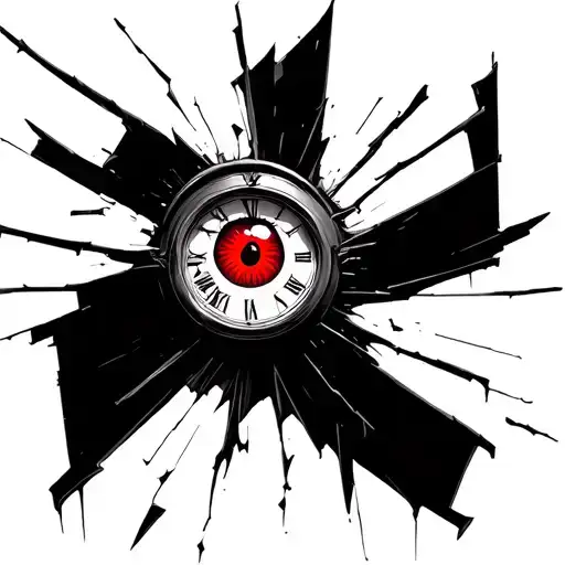 a red eye in a broken clock surrounded by s h calligraphy tattoo design idea