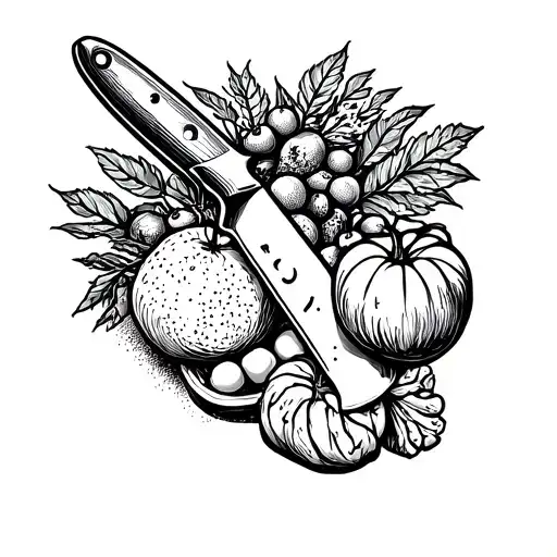 chef knife outline filled with fruits and vegetables  tattoo design idea