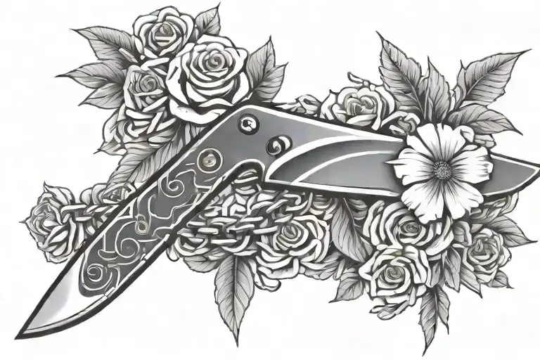 knife attached to chain link with flowers tattoo design idea