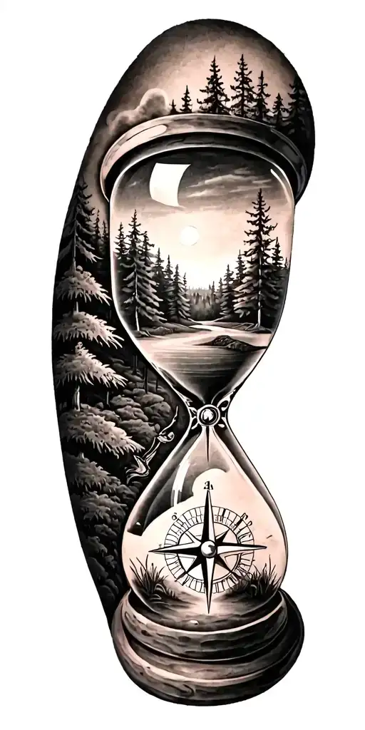 family and forest and hour glass and compass golf course tattoo design idea