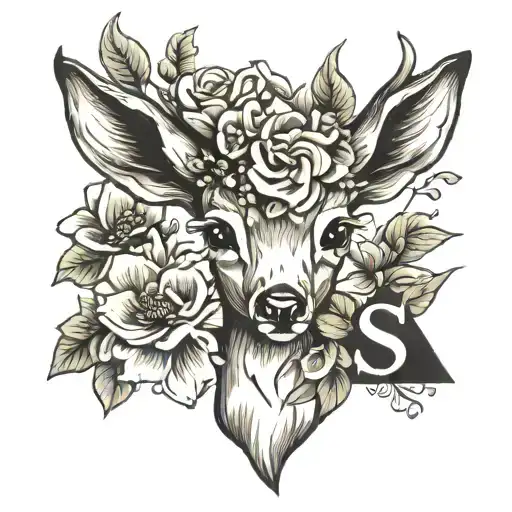 baby deer with flowers and letter S tattoo design idea