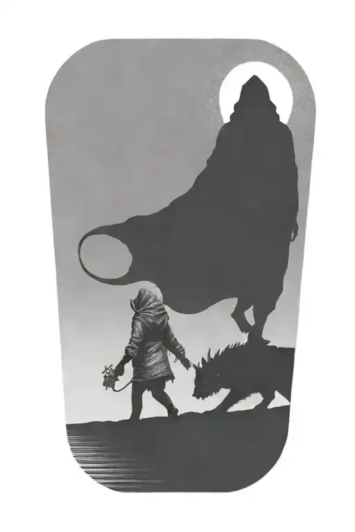 a girl with her hand on a huge hooded demon beast walking away tattoo design idea