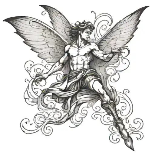 flying male fairy mysterious and atractive tattoo design idea