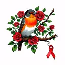 Robin sitting on branch surrounded by a lot of red roses with a cancer ribbon hanging off the end of the branch  tattoo design idea