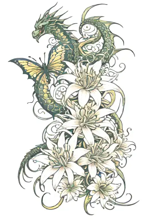 dragon and spider lily tattoo design idea
