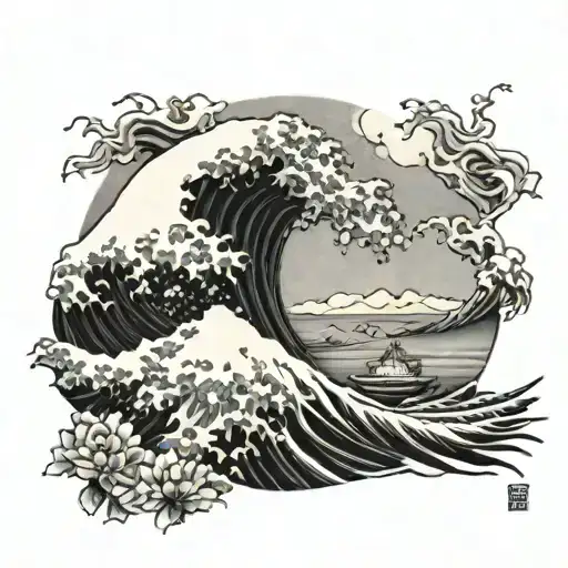 the great wave without Mount Fuji in the background, circular and shaded tattoo design idea
