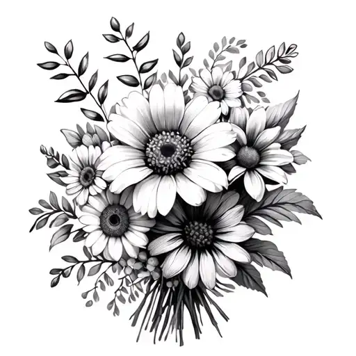 Flower bouquet with the following birth month flowers September, 2 August flowers, April, October, 2 July flowers , and  tattoo design idea