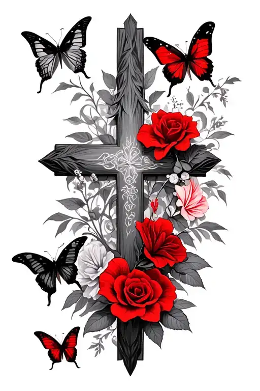 red and black butterflies. roses and hibiscus surrounding cross tattoo design idea