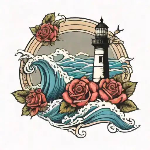 lighthouse with crashing waves and roses intertwined tattoo design idea