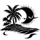 palm tree at the center using fine lines, sun on the right, crescent moon on the left,an airplane with a curve tattoo design idea