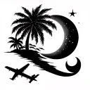 palm tree at the center using fine lines, sun on the right, crescent moon on the left,an airplane with a curve tattoo design idea